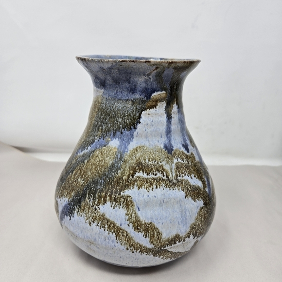 Studio Pottery Signed T. Gleason Earth Tones Blues & Browns Glazed Vase Medium - Picture 3 of 9